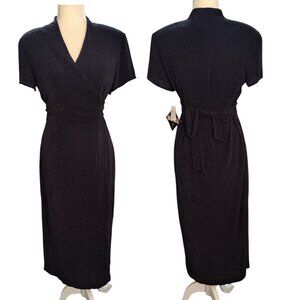 Virgo Women's Black Sparkle Short Sleeve Party Cocktail Crossover Midi Dress 12P